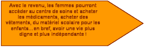 Pentagone: Avec le revenu, les femmes pourront   accder au centre de soins et acheter les mdicaments, acheter des vtements, du matriel scolaire pour les enfantsen bref, avoir une vie plus digne et plus indpendante !

