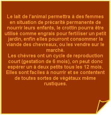 Carr corn: Le lait de l'animal permettra  des femmes en situation de prcarit permanente de nourrir leurs enfants, le crottin pourra tre utilis comme engrais pour fertiliser un petit jardin, enfin elles pourront consommer la viande des chevreaux, ou les vendre sur le march.
Les chvres ont un cycle de reproduction court (gestation de 6 mois), on peut donc esprer un  deux petits tous les 12 mois. Elles sont faciles  nourrir et se contentent de toutes sortes de vgtaux mme rustiques.

