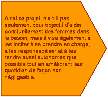 Pentagone: Ainsi ce projet  na-t-il pas seulement pour objectif daider ponctuellement des femmes dans le besoin, mais il vise galement  les inciter  se prendre en charge,  les responsabiliser et  les rendre aussi autonomes que possible tout en amliorant leur quotidien de faon non ngligeable.

